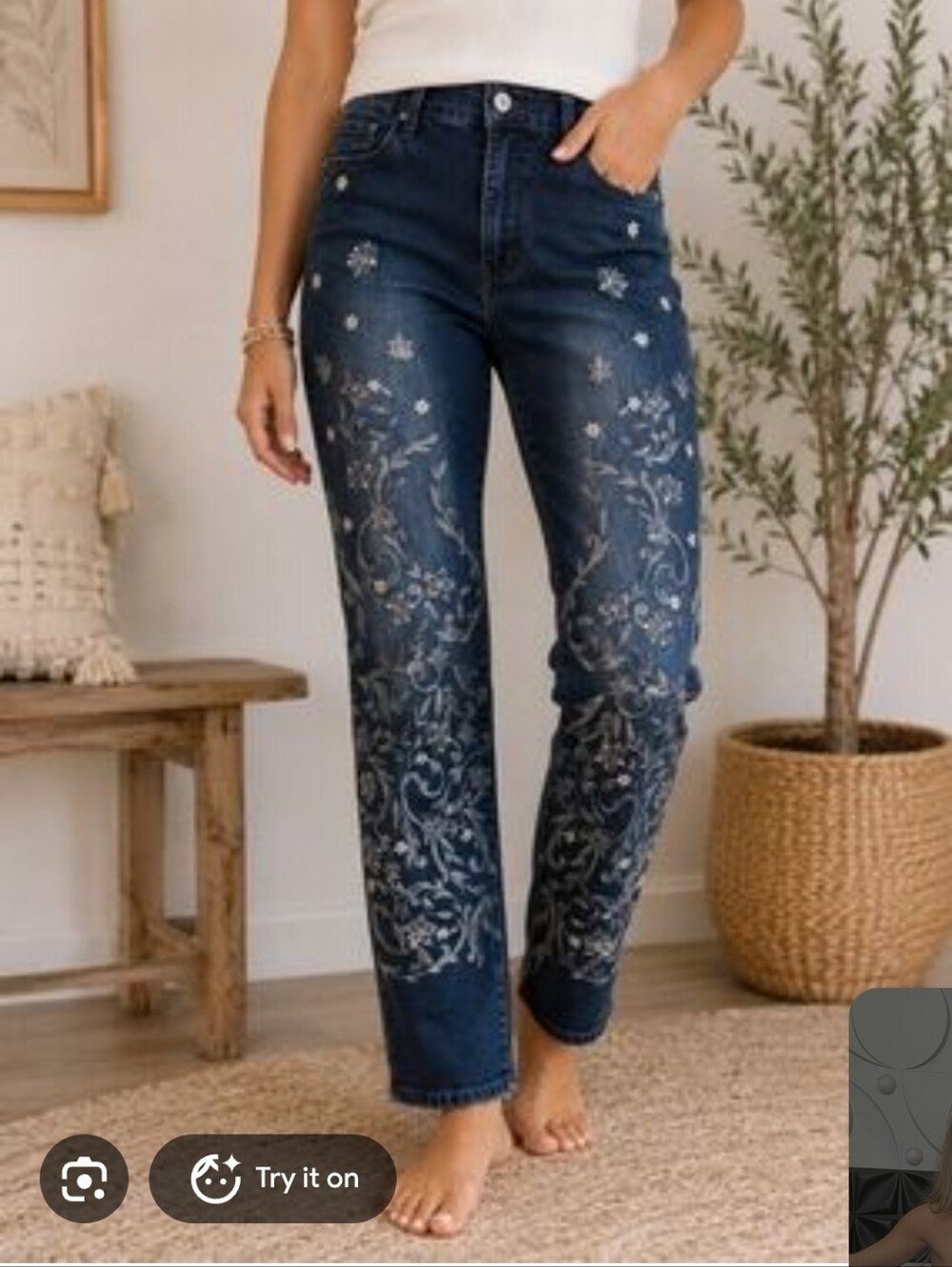 Vintage America Boho Cottagecore Whimsy Embroidered Floral Blue Western Jeans